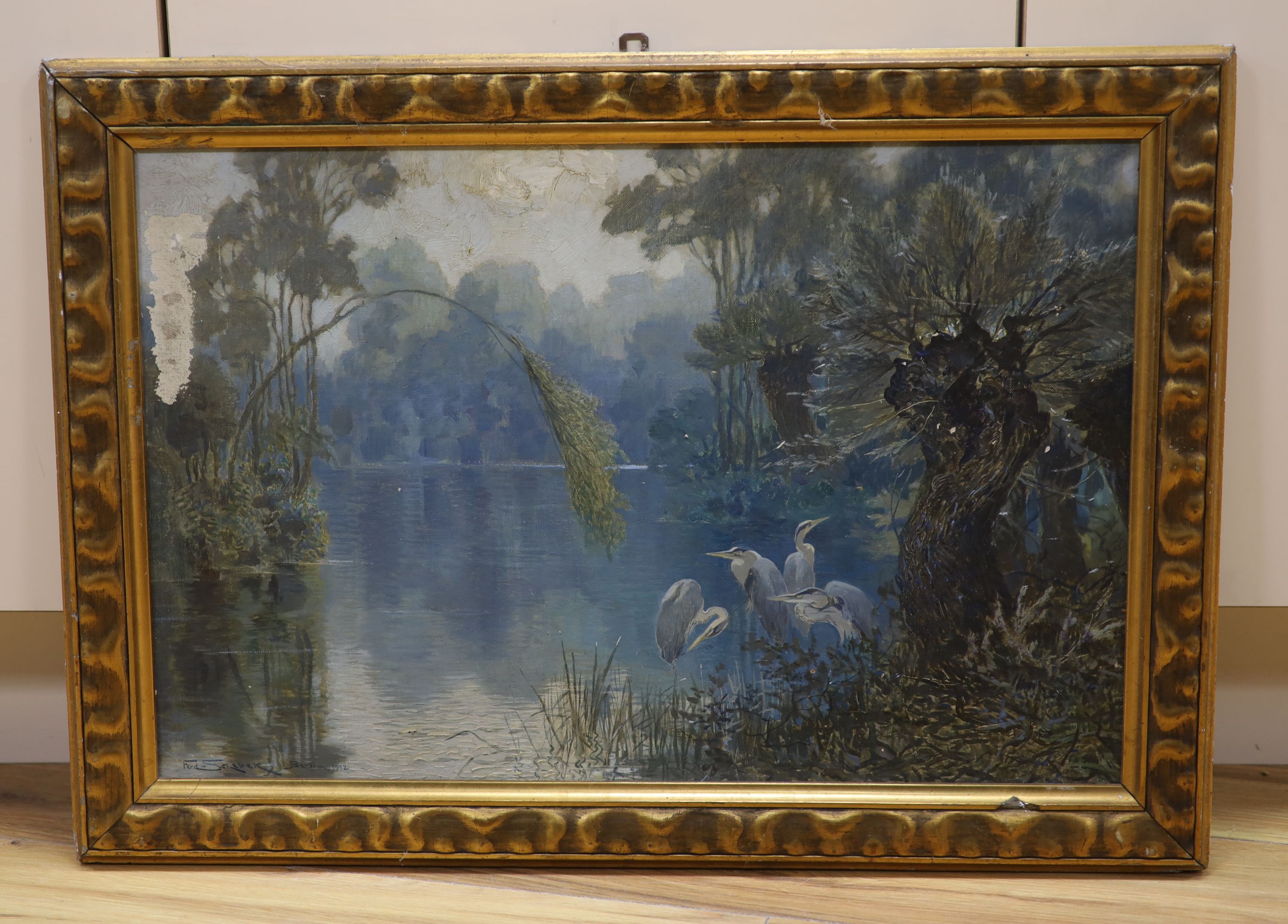 Ferdinand Schebek (1875-1949), oil on canvas board, Herons beside a lake, signed and dated 1912, 39 x 59cm (a.f.)